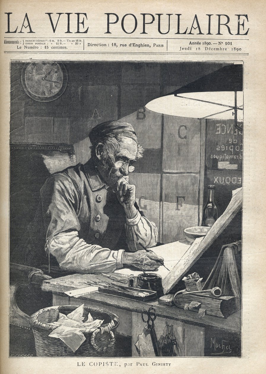 Egy koncentrált másoló dolgozik az irodájában. Illusztráció: Alfons Maria Mucha (Alphonse Marie Mucha alkotó: Alphonse Mucha