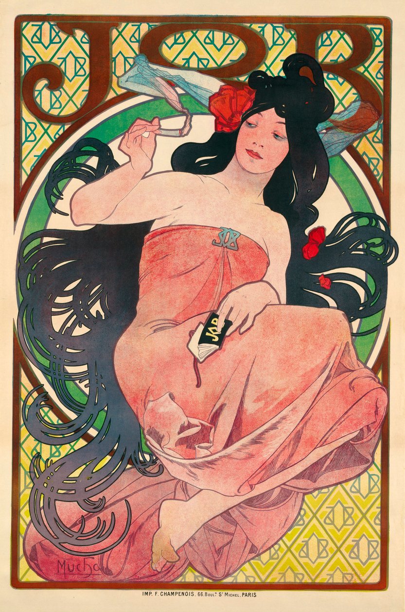 Affiche publicitaire pour le papier a cigarette Állás - Reklámplakát selyempapírhoz Állás - Mucha, Alfons (Alphonse) Marie (1860-1939) rajza, színes litográfia 1896 (51,5x39 cm) - Magángyűjtemény alkotó: Alphonse Marie Mucha