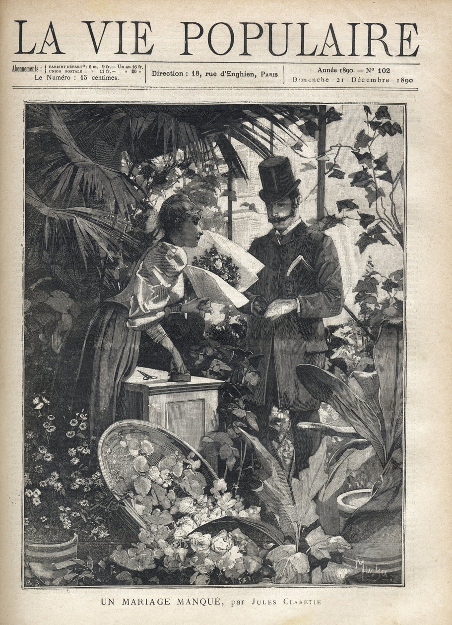 Egy elegáns férfi virágot vásárol egy virágüzletben. Illusztráció: Alfons Maria Mucha (Alphonse Marie Mucha alkotó: Alphonse Mucha