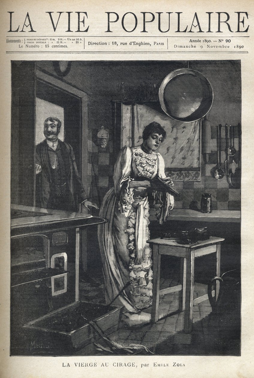 Egy elegáns nő egy cipőt viaszol a ház konyhájában. Egy férfi nyitja ki mögötte az ajtót. Illusztráció: Alfons Maria Mucha (Alphonse Marie Mucha alkotó: Alphonse Mucha
