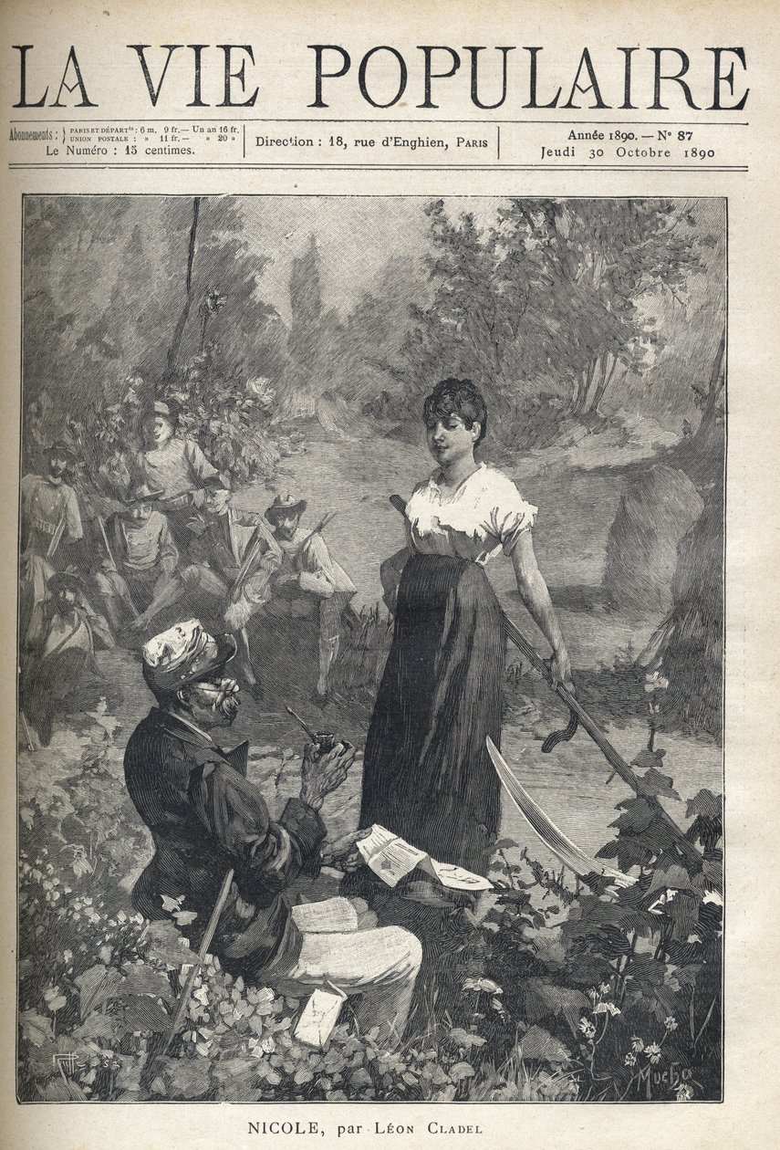 Egy idős férfi levelet olvas egy gyönyörű fiatal parasztnak, aki hamisítványt (aratót) tart. Vadászok figyelik a jelenetet a távolban. Illusztráció: Alfons Maria Mucha (Alphonse Marie Mucha alkotó: Alphonse Mucha