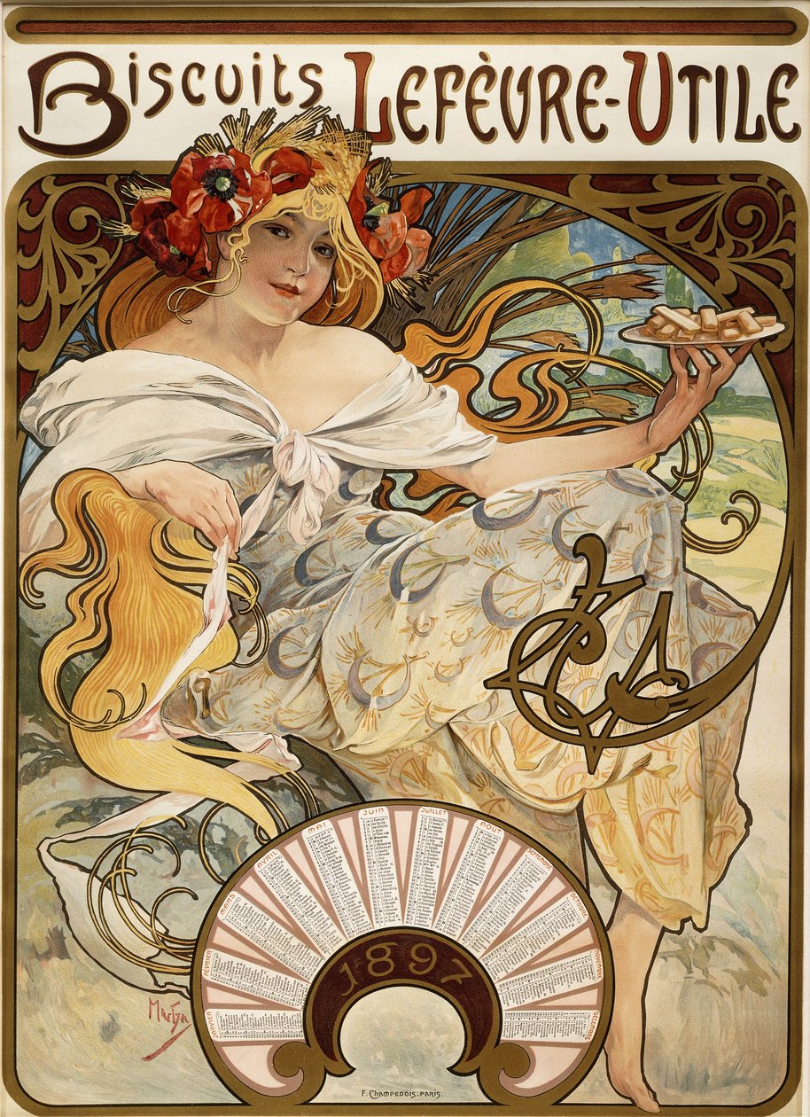 Biscuits Lefevre-Utile", 1897, 1896 naptárnak készült alkotó: Alphonse Mucha