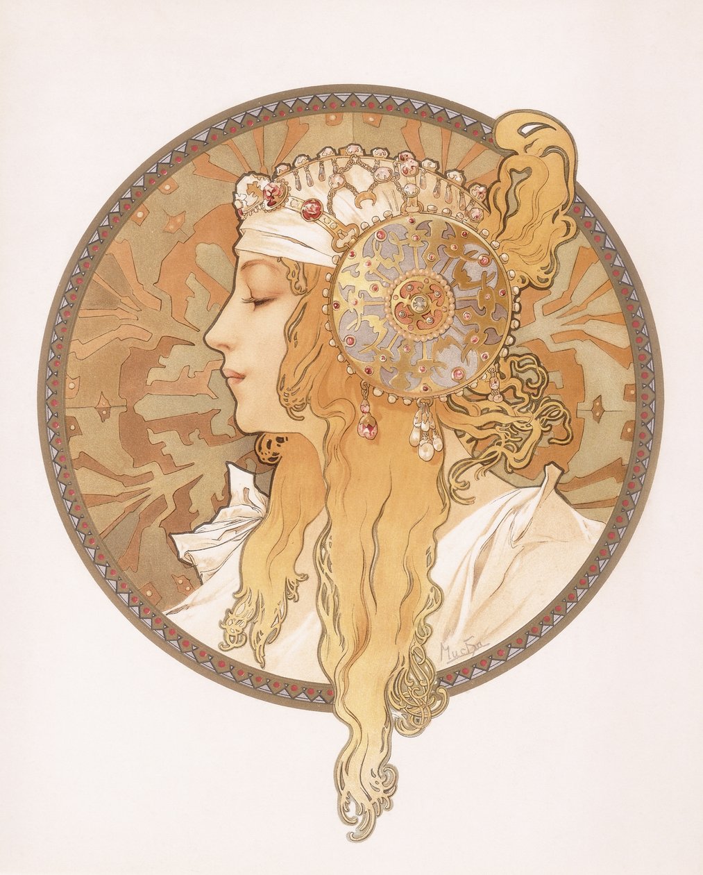 Szőke leányzó bizánci feje; Szőke nő bizánci feje, 1897 körül alkotó: Alphonse Mucha
