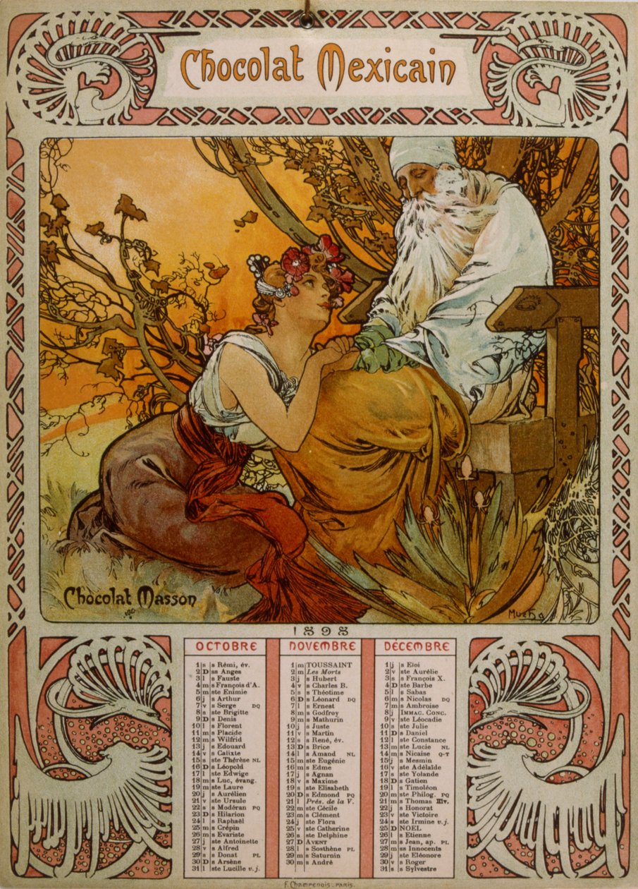 Csokoládé Masson naptár, amelyet Mucha (1860 – 1939) illusztrált. cseh szecessziós festő alkotó: Alphonse Mucha