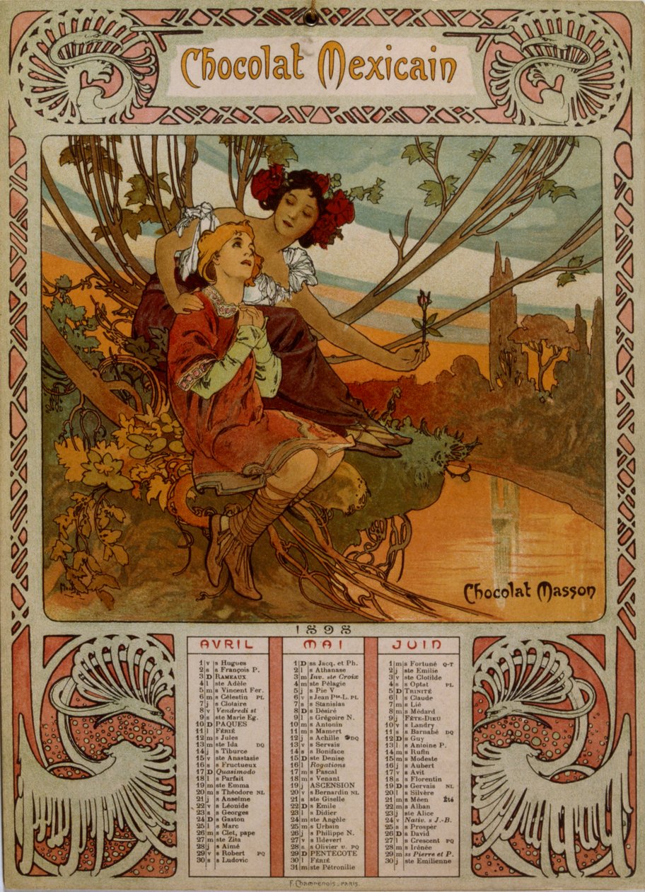 Csokoládé Masson naptár, amelyet Mucha (1860 – 1939) illusztrált. cseh szecessziós festő alkotó: Alphonse Mucha