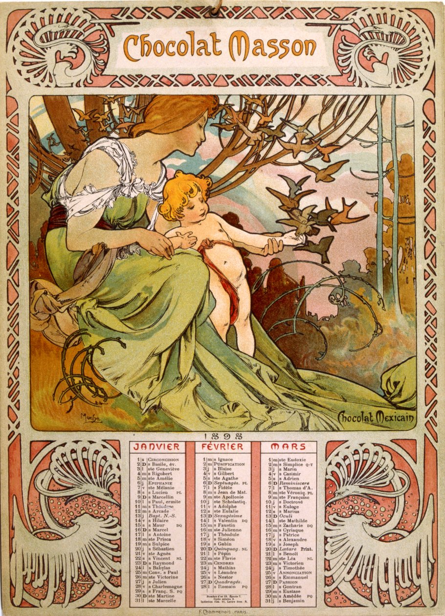 Csokoládé Masson naptár, amelyet Mucha (1860 – 1939) illusztrált. cseh szecessziós festő alkotó: Alphonse Mucha
