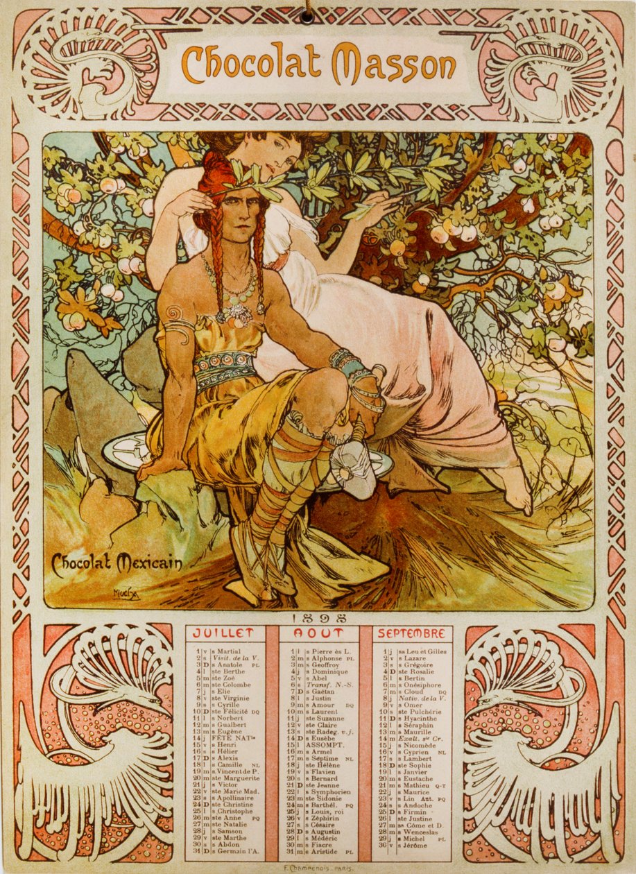 Csokoládé Masson naptár, amelyet Mucha (1860 – 1939) illusztrált. cseh szecessziós festő alkotó: Alphonse Mucha