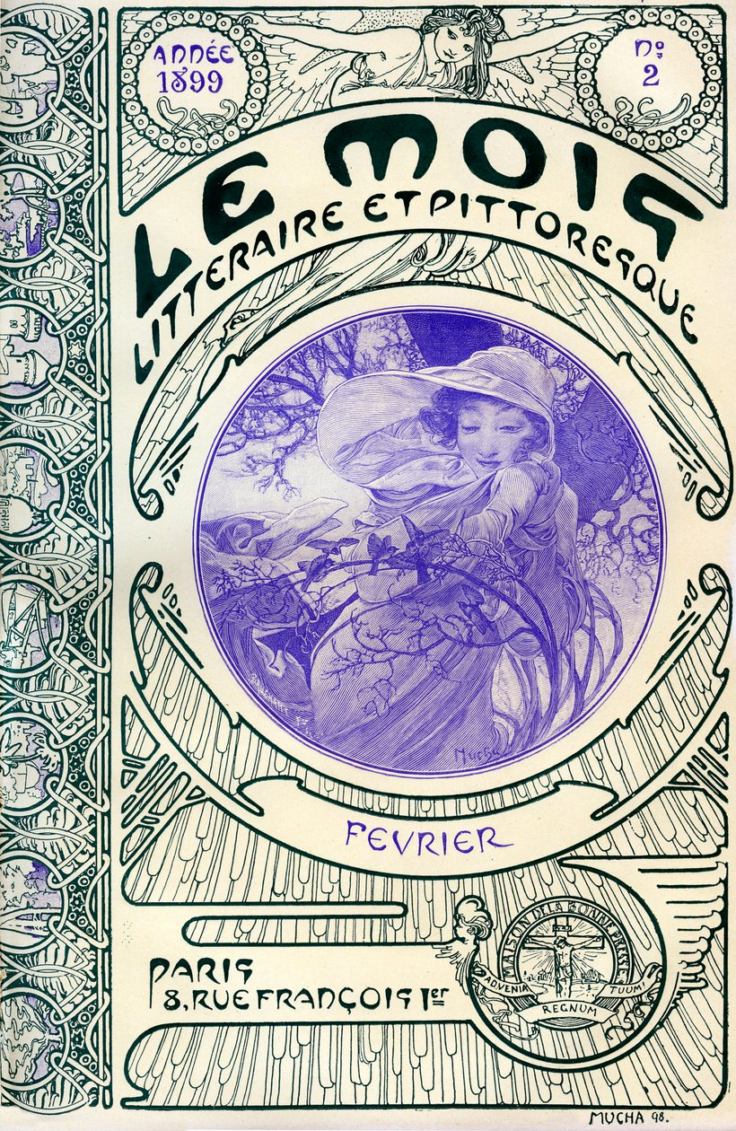 A magazin (havi folyóirat) borítója: Alphonse Mucha (1860-1939) Le Month litteraire et festői: 1899 februárja - Maison de la Bonne Presse - alkotó: Alphonse Mucha