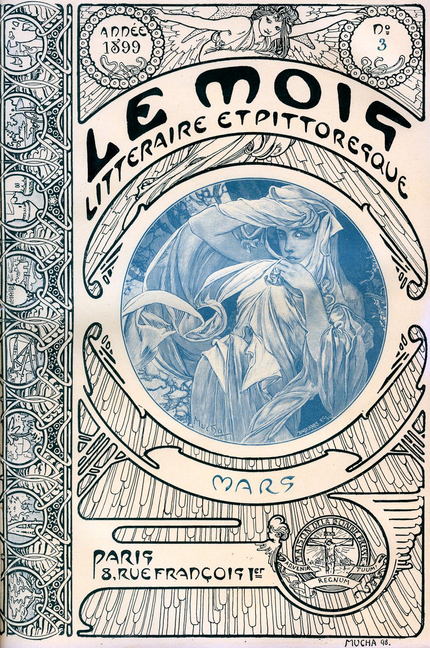 A magazin borítója (havi folyóirat) Az irodalmi és festői hónap – Alphonse Mucha (1860-1939): 1899. március - Maison de la Bonne Presse - alkotó: Alphonse Mucha