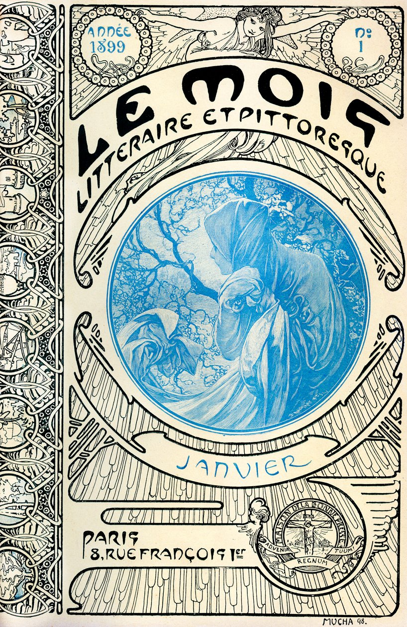 A magazin borítója (havi folyóirat) Az irodalmi és festői hónap – Alphonse Mucha (1860-1939): 1899. január - Maison de la Bonne Presse - alkotó: Alphonse Mucha