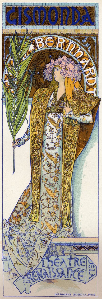 Szórakozás. Gismonda, Victorien Sardou darabja Sarah Bernhardttal a párizsi Theatre de la Renaissance-ban. Plakát: Mucha, Franciaország alkotó: Alphonse Marie Mucha