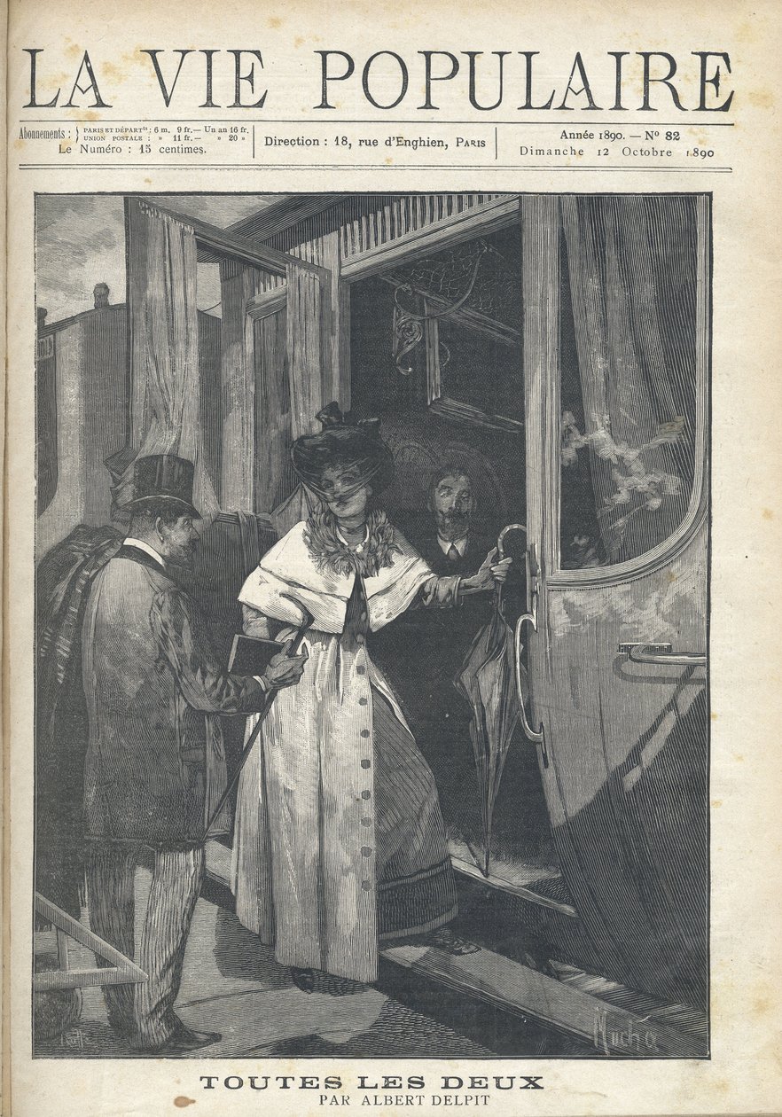 Búcsú a vonatra felszálló férfi és nő között az állomás peronján. Illusztráció: Alfons Maria Mucha (Alphonse Marie Mucha alkotó: Alphonse Mucha