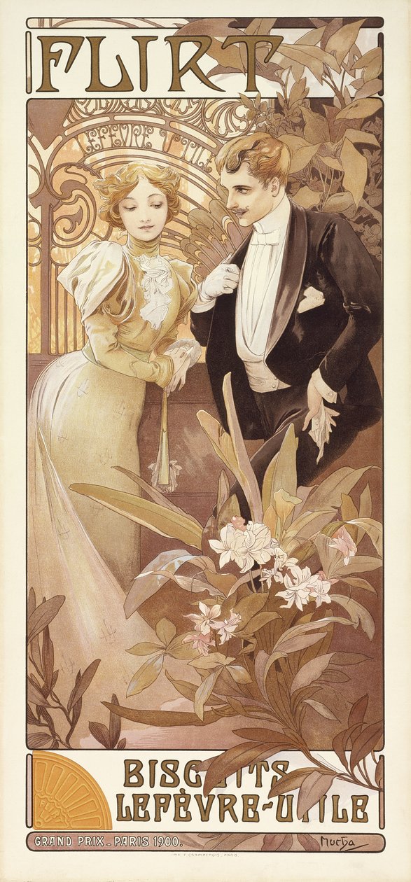 Flört, 1895-1900 körül (színes litó) alkotó: Alphonse Mucha