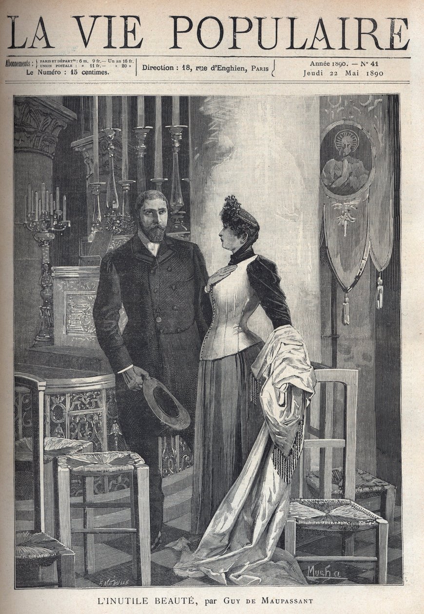 Egy templomban egy gyönyörű és elegáns pár feláll a gyertyák közé, és imádkozik Istenhez. Illusztráció: Alfons Maria Mucha (Alphonse Marie Mucha alkotó: Alphonse Mucha