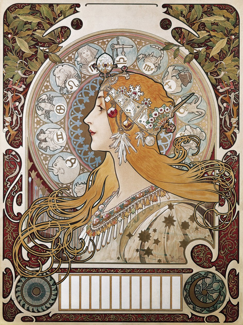 MUCHA, Alphonse Maria (1860-1939). Állatöv. 1896. (67 x 48 cm). A „La Plume” magazint reklámozó plakát és naptár” (A toll). Modernizmus. Litográfia alkotó: Alphonse Marie Mucha