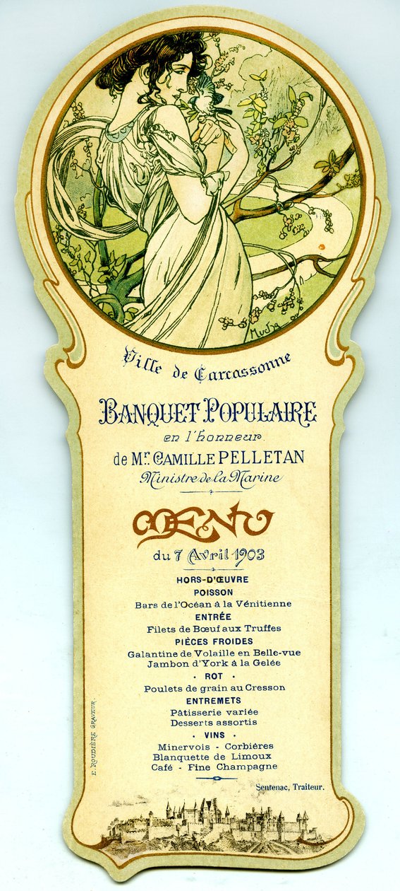 Április 7-én Carcassonne-ban rendezett népszerű bankett menüje alkotó: Alphonse Mucha