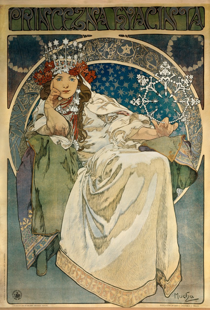 Alphonse Mucha (1860-1939) plakátja Oskar Nedbal (1874-1930) „Jácint hercegnő” című balettjének elkészítéséhez a Prágai Nemzeti Színházban, Andula Sedlackova színésznő képviseletében alkotó: Alphonse Mucha