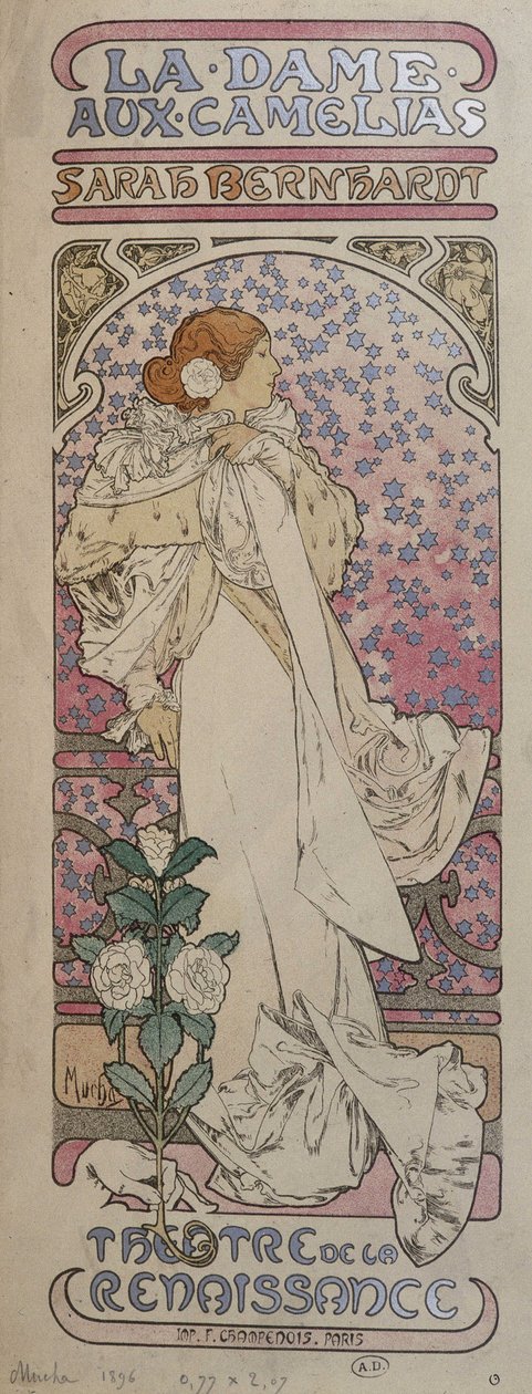 A „La dame au camélias” plakátja a Renaissance Theatre-ben Henriette Rosine Bernarddal, Sarah Bernhardttal (1844-1923) – Mucha alkotó: Alphonse Mucha
