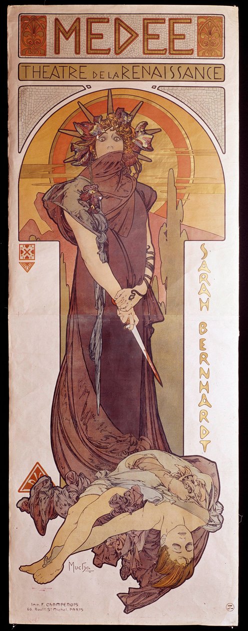 A „Medee” plakátja Henriette Rosine Bernard és Sarah Bernhardt (1844-1923) előadásában a Renaissance Színházban. Illusztráció: Alphonse Mucha (1860-1939) Párizs, Dekoratív művészet alkotó: Alphonse Mucha