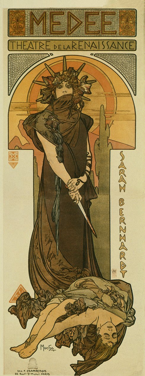 Sarah Bernhardt Medee-ként a Reneszánsz Színházban. 1898 (litográfia) alkotó: Alphonse Mucha