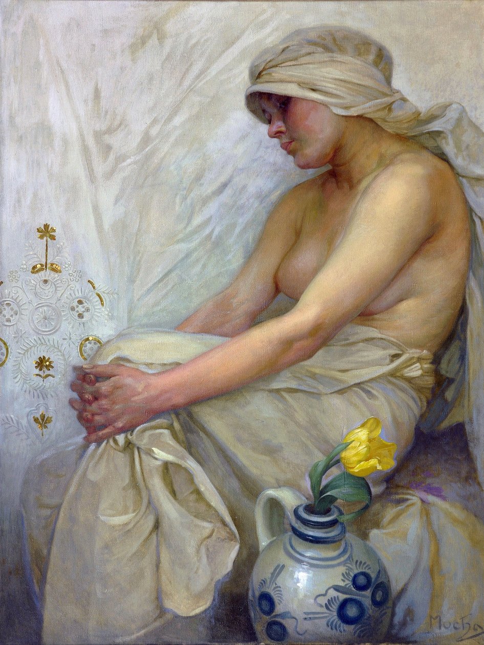Ülő lány par Mucha, Alfons Marie (1860-1939), c. 1914 - Tempera, vászon, 80x60 - Magángyűjtemény alkotó: Alphonse Mucha