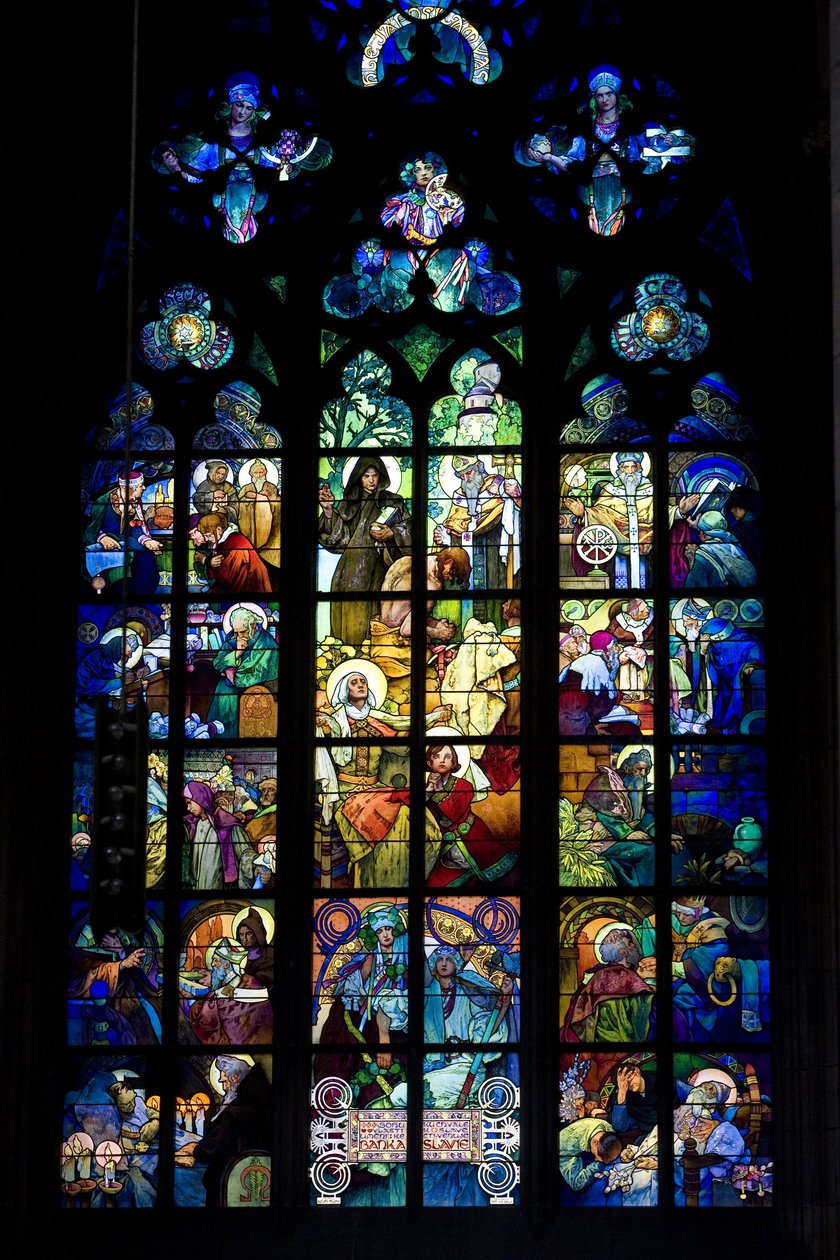 Alphonse Mucha (Alphons) (1860-1939) ólomüvege a prágai Saint Guy katedrálisban, Csehországban. Fényképezés 2009 alkotó: Alphonse Mucha