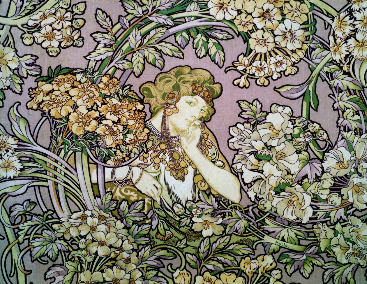 Nő a virágok között, 1900 körül (litográfia selyembársonyon) alkotó: Alphonse Marie Mucha