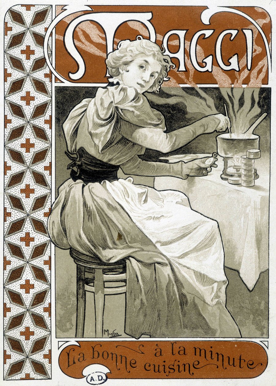 Fiatal nő gáztűzhelyen főz - Maggi hirdetés „percenként jó étel”, Mucha, 1890 körül. alkotó: Alphonse Mucha