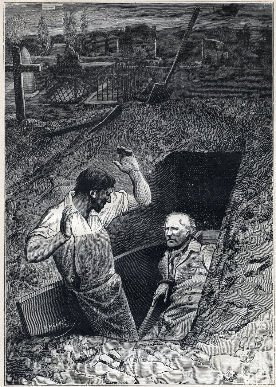 A feltámadás majdnem olyan ijesztő, mint a halál: Fauchelevent és Jean Valjean – Alphonse de Neuville (1836-1885) illusztrációja a Victor Hugo (1802-1885) „Les miserables – Második rész: Cosette” című művéhez, 1862 alkotó: Alphonse Marie de Neuville