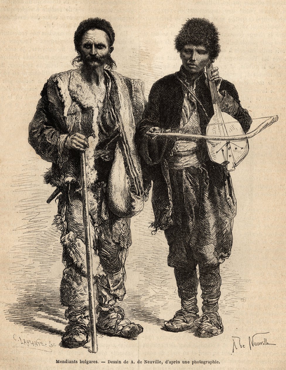 Bolgár vándorkoldusok, köztük egy vak, aki ghuzlát játszik (a szerb lantnak kötéle van), amely kíséri a verseket és az epikus szavalásokat, Guillaume Lejean A. De Neuville rajza után, amely a bulgáriai utazást illusztrálja. alkotó: Alphonse Marie de Neuville