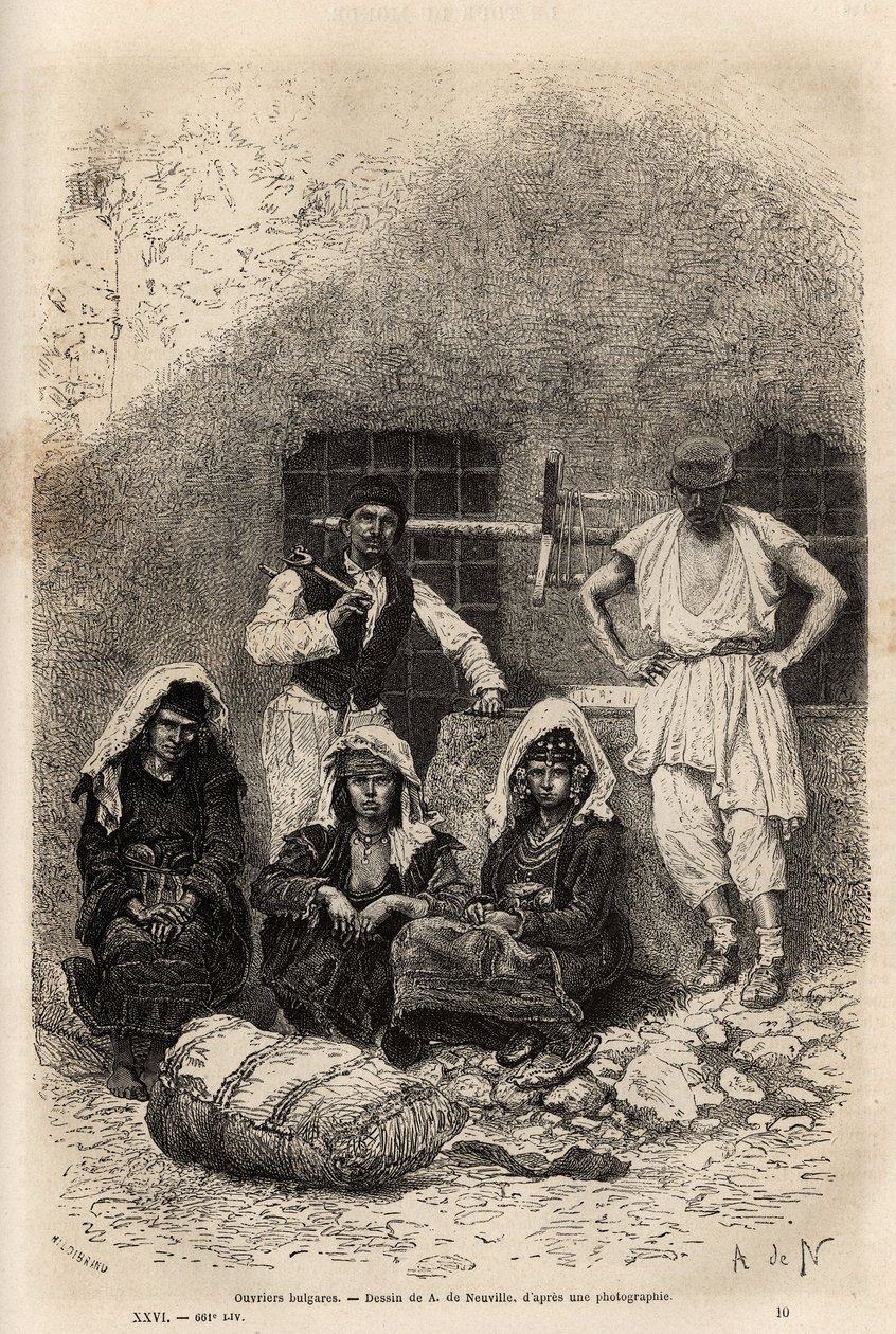 Bolgár munkások, Sophia közelében, metszet A. De Neuville rajza után, amely a bulgáriai utazást illusztrálja, Guillaume Lejean 1867-ben, megjelent a „” Le tour du monde”” 1873-ban, szerkesztette Edouard Charton, Hachette kiadás, Párizs . Selva kollekció alkotó: Alphonse Marie de Neuville