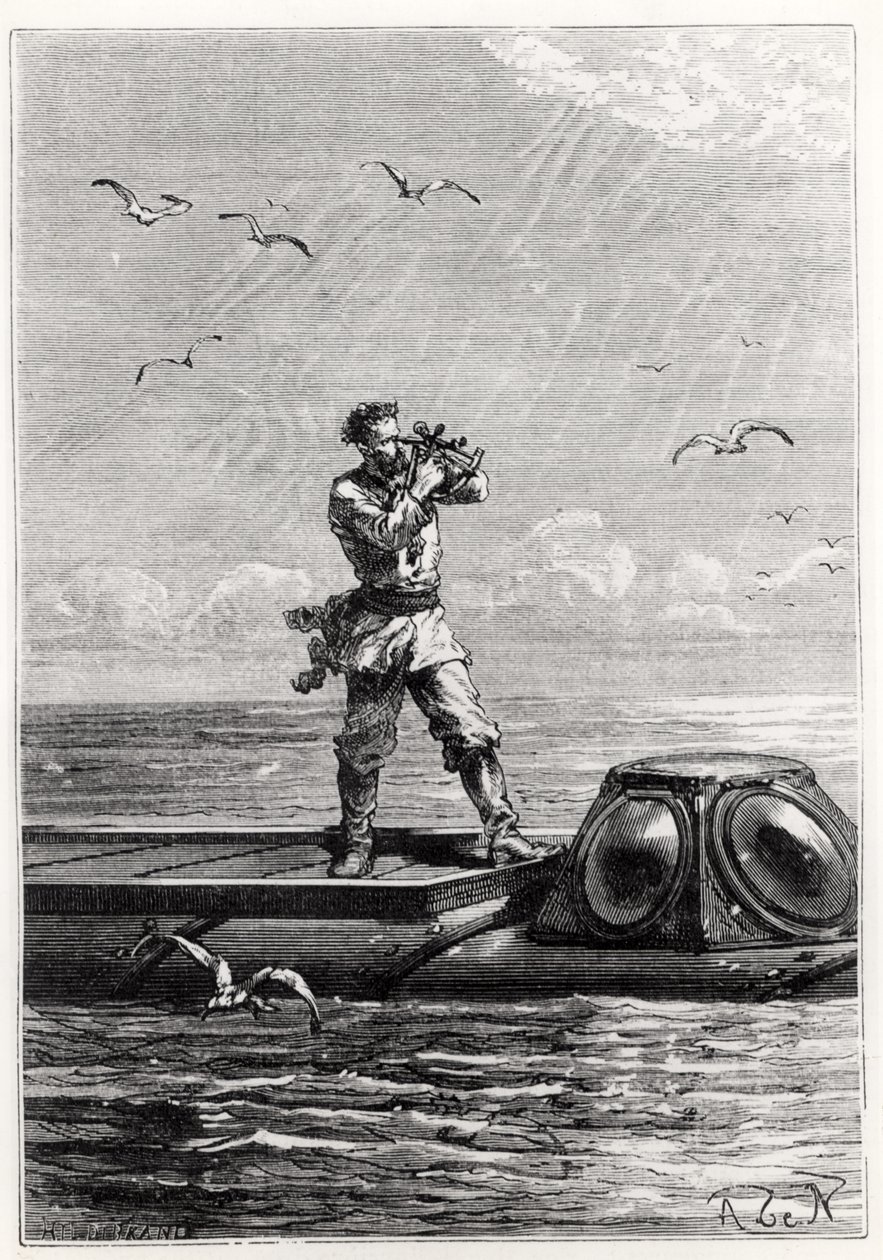 Nemo kapitány a Nautilus tetején, Jules Verne (1828-1905) „20 000 bajnokság a tenger alatt” című művéből, Henri Theophile Hildibrand (1824-97) metszetével alkotó: Alphonse Marie de Neuville