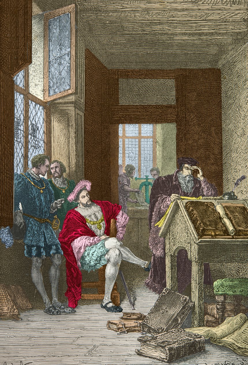Francois 1er meglátogatja Robert Estienne nyomdáját (metszet) alkotó: Alphonse Marie de Neuville