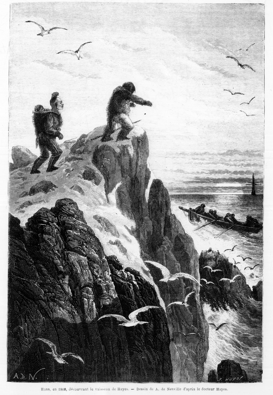 Hans 1860-ban felfedezte Hayes hajóját – Dr. Hayes Neuville-i rajza „A sarkvidék szabadtengere, felfedezőút a sarkvidéki tengereken” alkotó: Alphonse Marie de Neuville