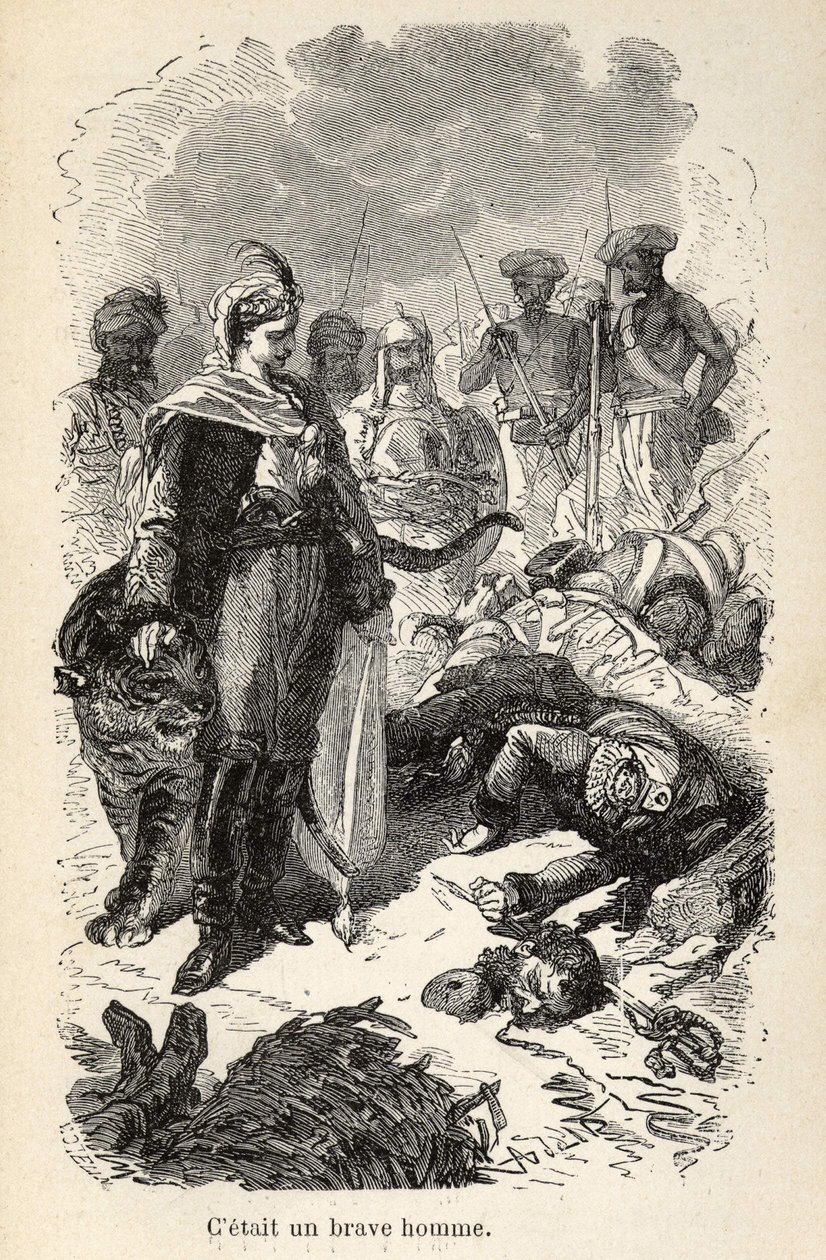Illusztráció a „Corcoran kapitány csodálatos, de hiteles kalandjairól” Alfred Assollant, 25 fára rajzolt matricával illusztrálva, A. de Neuville, Librairie Hachette et Cie Párizsban alkotó: Alphonse Marie de Neuville