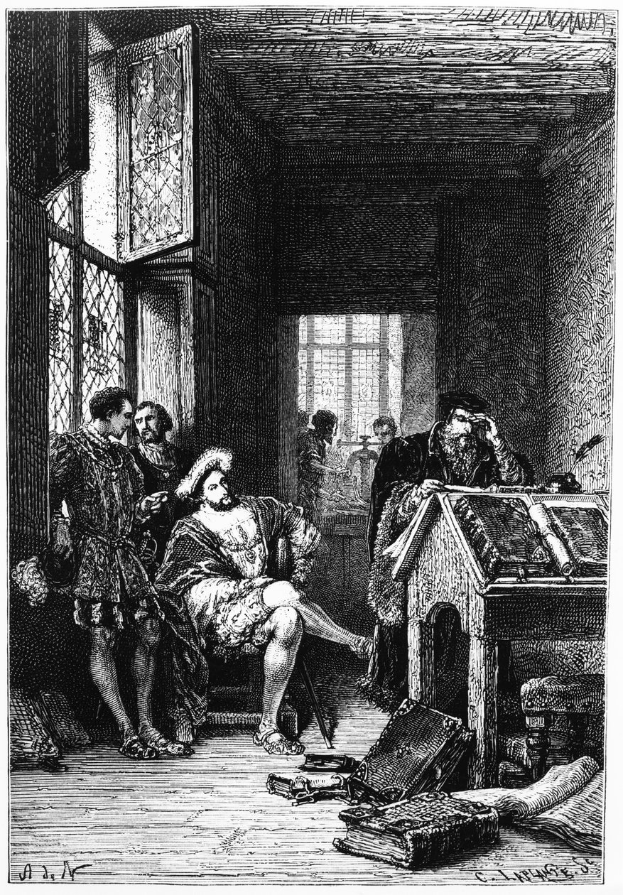 I. Ferenc francia király Robert Estienne műhelyében, C. Laplante metszete, illusztráció Francois Guizot "Franciaország története" című, 1879-ben megjelent művéből. alkotó: Alphonse Marie de Neuville