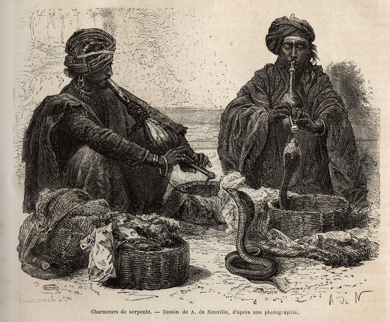 Les charmeurs de serpents, akik hüllők kereskedelmével kereskednek, akiket toumriljukba (fuvolájukba) fújva vonzanak, A. de Neuville rajza nyomán metszett, a rádzsák indiai utazását illusztrálva, 1864-1868 között, Louis Rousselet kiadója a „” Le tourban alkotó: Alphonse Marie de Neuville