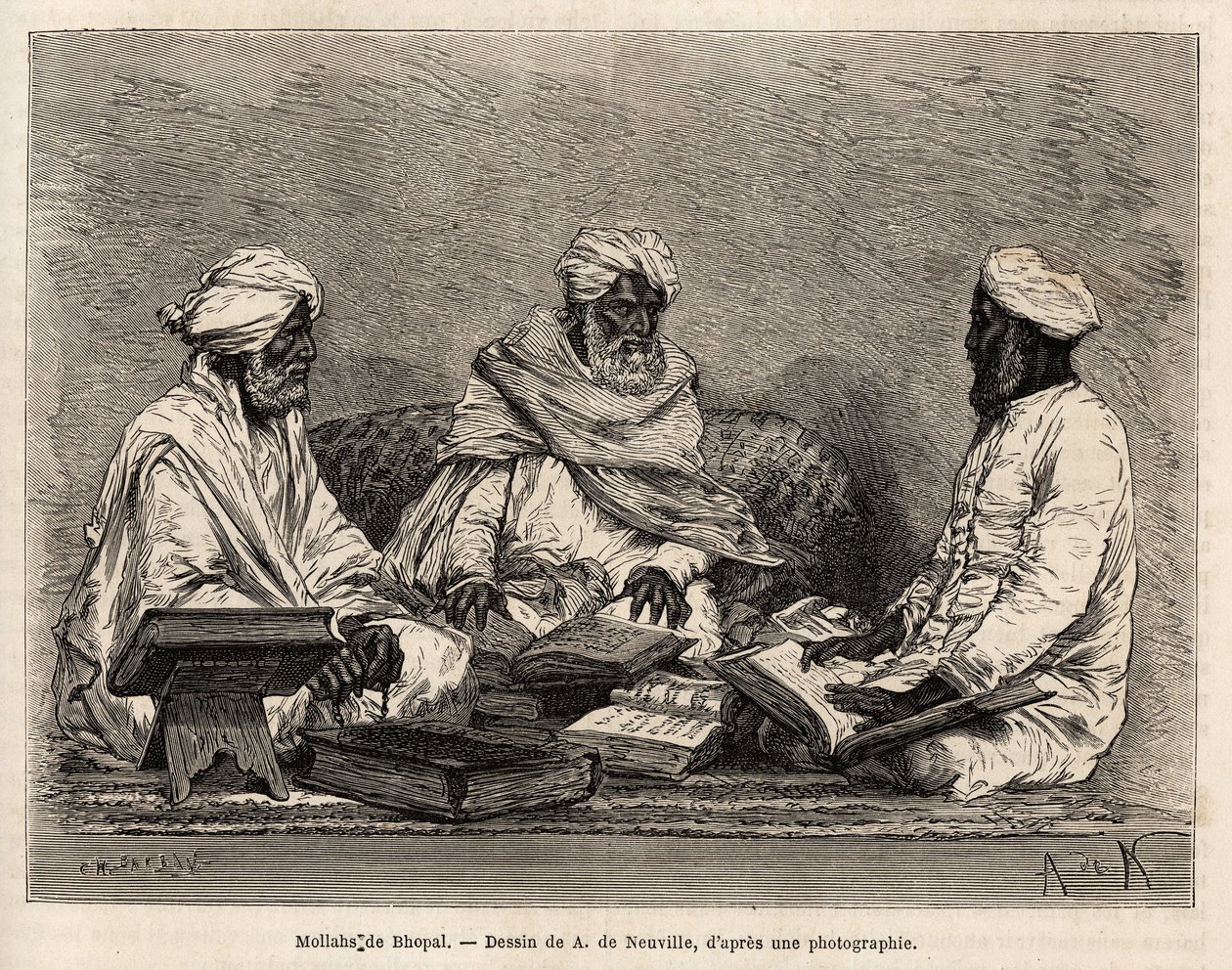 Les mullahs de la Mosque de Bhopal, a muzulmán vallás vitás pontjainak teljes megvitatásával, A. de Neuville rajza utáni metszet, amely a rádzsák indiai utazását szemlélteti 1864-1868 között, Louis Rousselet alkotása "" Le to alkotó: Alphonse Marie de Neuville