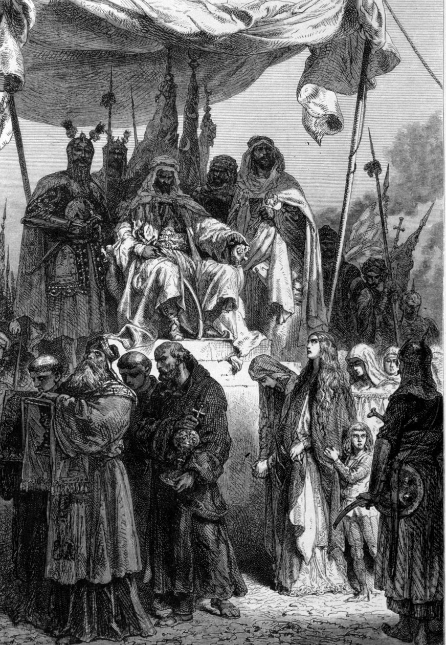 A jeruzsálemi keresztények Szaladin (1138-1193) előtt (Szala al-Din Juszuf al-Ajjubi (al-Ayyubi) a város 1187-es elfoglalása után. Neuville metszete 1879). alkotó: Alphonse Marie de Neuville