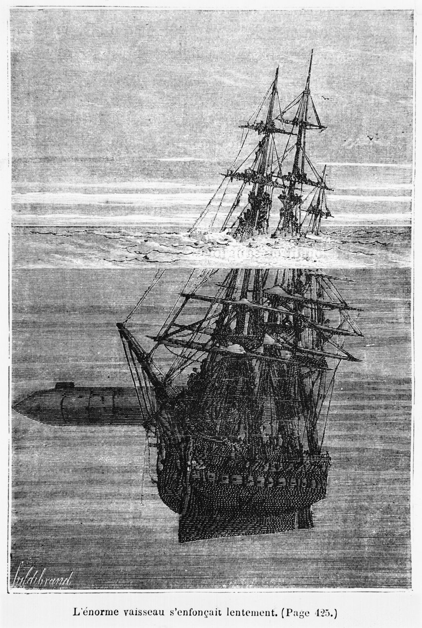 A Nautilus, illusztráció Jules Verne (1828-1905) "20 000 mérföld a tenger alatt" című művéből, Henri Theophile Hildibrand (1824-97) metszete, Párizs, Hetzel, megjelent 1877. alkotó: Alphonse Marie de Neuville