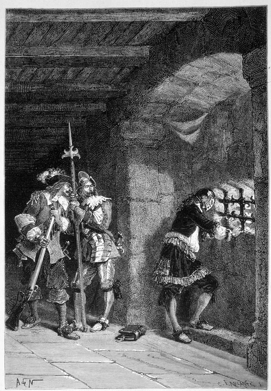 A vasmaszk a szigeti szent Marguerite börtönének cellájában - Guizot „" Histoire de France" című könyvében, De Neuville metszet alkotó: Alphonse Marie de Neuville