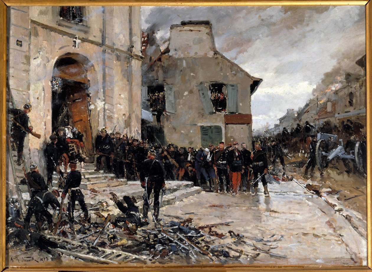 1870-1871-es háború és Párizs poroszok ostroma: „” Le combat du Bourget, 1870.10.30.”” Alphonse de Neuville (1835-1885) festménye 1873 V. 0,57x0,79 m. Párizs, Musee d
