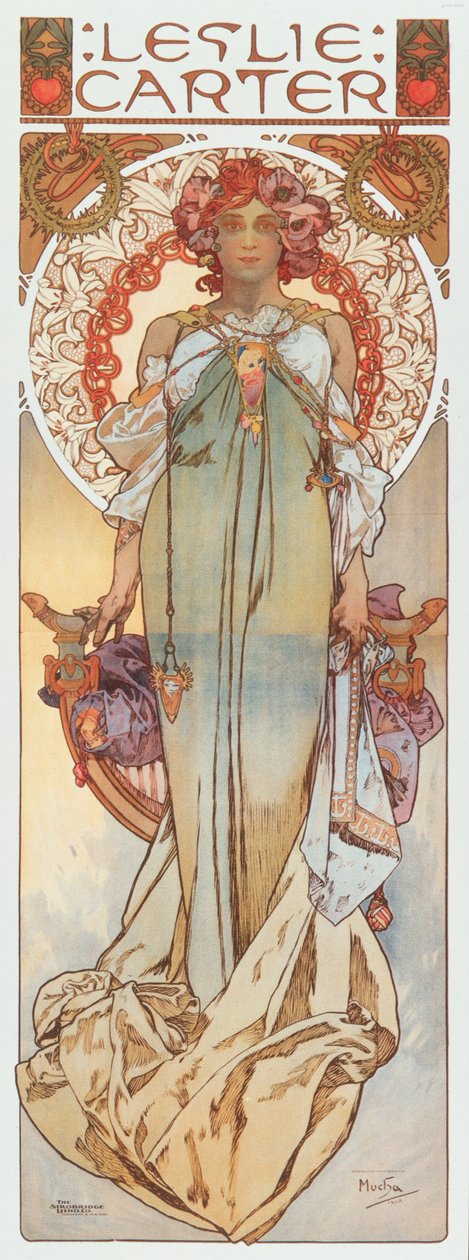 Alphonse Mucha reklámillusztrációja, amely Leslie Carter színpadi színésznőt ábrázolja a „Kassa” című új darabjában - 1908 Dim 78x209 cm Magángyűjtemény alkotó: Alphonse Mucha