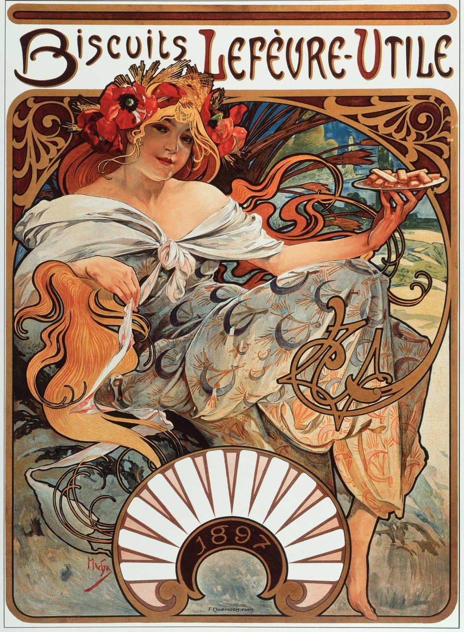 Alphonse Mucha (1860-1939) reklámplakátja a "" Lefevre-Utile" kekszhez", 1897 - Alphonse Mucha reklámplakátja a Lefevre Utile Biscuits számára, 1897 Méret: 44x61 cm - Magángyűjtemény alkotó: Alphonse Mucha