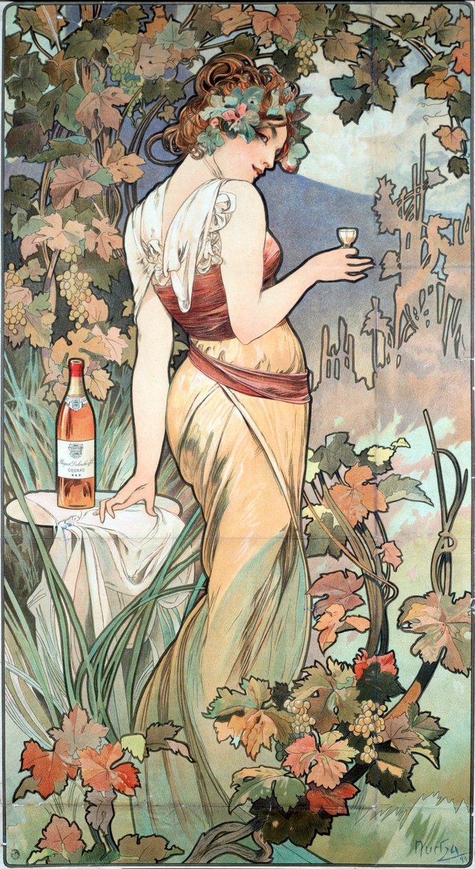 Alphonse Mucha (1860-1939) reklámplakátja a Cognac Bisquithez, Dubouche, 1899 - Alphonse Mucha reklámplakátja a „Cognac Bisquit, Dubouche”-hoz , 1899 V 61x32 cm Magángyűjtemény alkotó: Alphonse Mucha
