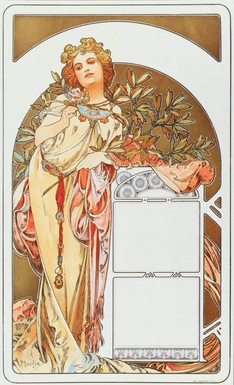 Alphonse Mucha (1860-1939) reklámplakátja az 1898-as naptárhoz - Dim 31x51 cm Alphonse Mucha reklámplakátja naptárhoz, 1898 - Magángyűjtemény alkotó: Alphonse Mucha