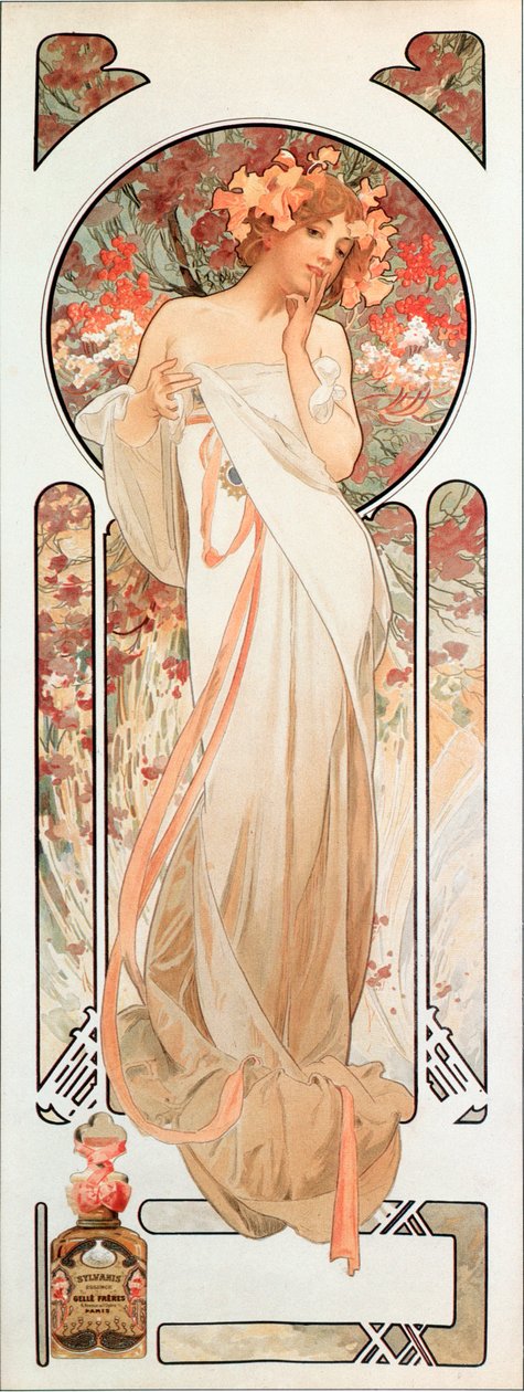 Alphonse Mucha (1860-1939) reklámplakátja a "Sylvanis essence" illathoz 1899 - Dim 21x61 cm Alphonse Mucha reklámplakátja a "" Sylvanis essence "" parfümhöz 1899 - Privát col alkotó: Alphonse Mucha