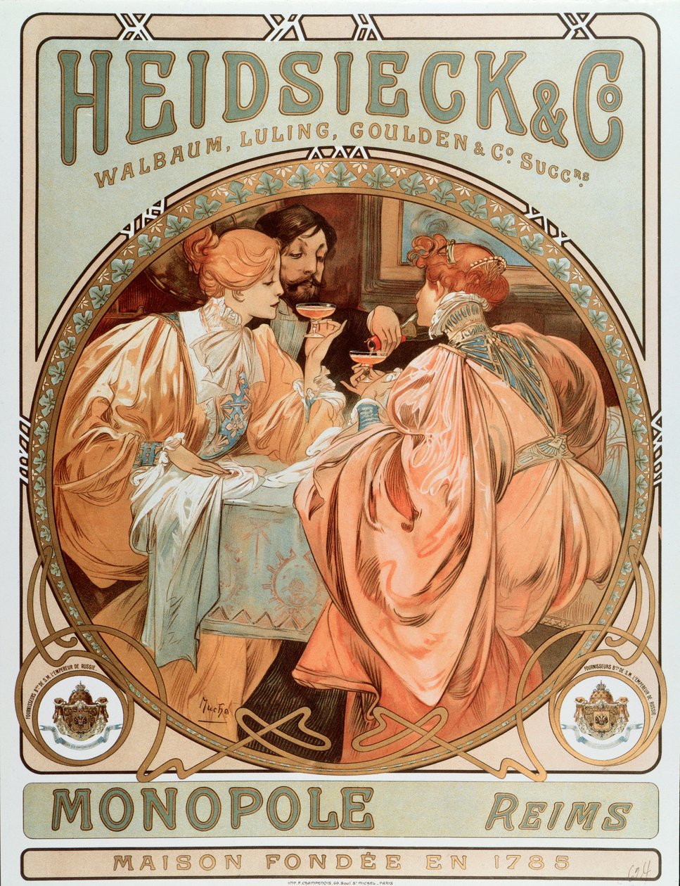 "" Heidsieck és társa "" Maison de Champagne Charles Heidsieck reklámplakátja, Alphonse Mucha (1860-1939) litográfiája 1901 - A Heidsieck Champagne cég reklámplakátja, 1901 - Sun 49x alkotó: Alphonse Mucha