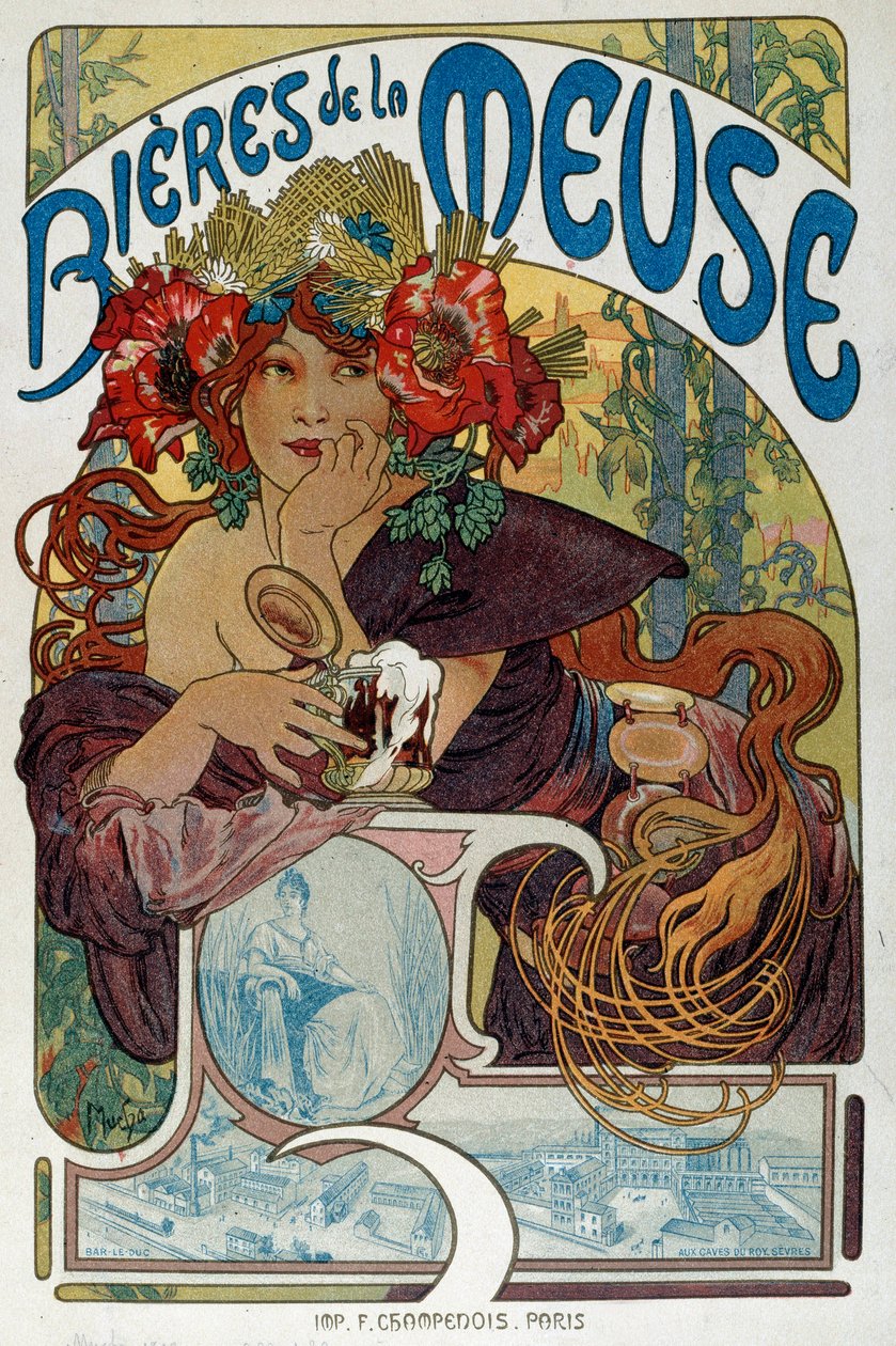 Alphonse Mucha (1860-1939) által illusztrált „" Les bieres de la Meuse" reklámplakátja, 1898 Párizs, Dekoratív művészetek alkotó: Alphonse Mucha