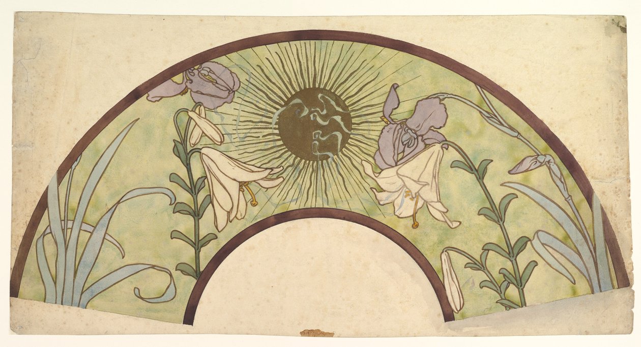 Napfényes, liliomok és íriszek legyezőhöz készült dizájn, 19. század vége – 20. század közepe alkotó: Alphonse Mucha